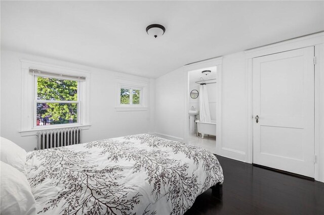 224 Raleigh Ave, Pawtucket, RI 02860 - bedroom with radiator heating unit, wood finished floors, vaulted ceiling, and connected bathroom