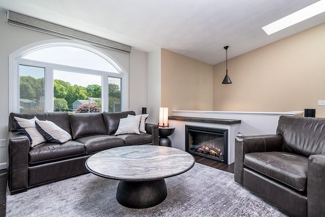 26 Ivy Hollow Ct, Cranston, RI 02921 - living room featuring wood finished floors, a glass covered fireplace, vaulted ceiling, and a skylight