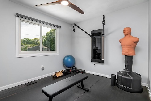 26 Ivy Hollow Ct, Cranston, RI 02921 - workout room with baseboards, a ceiling fan, and wood finished floors