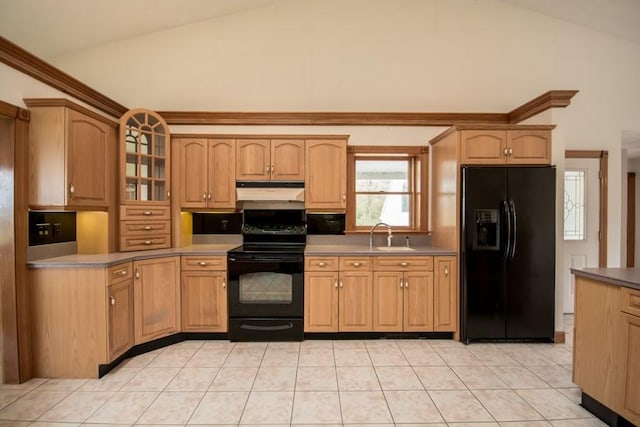 3622 Main Rd, Tiverton, RI 02878 - kitchen with black appliances, high vaulted ceiling, under cabinet range hood, glass insert cabinets, and light tile patterned flooring