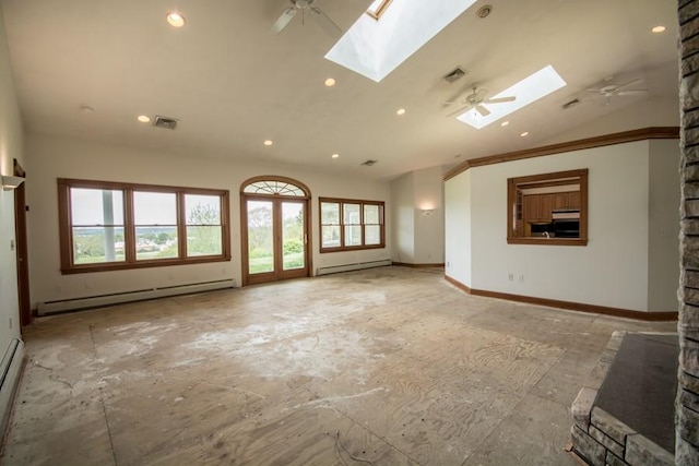 3622 Main Rd, Tiverton, RI 02878 - unfurnished living room featuring a baseboard heating unit, a ceiling fan, healthy amount of natural light, lofted ceiling, and recessed lighting