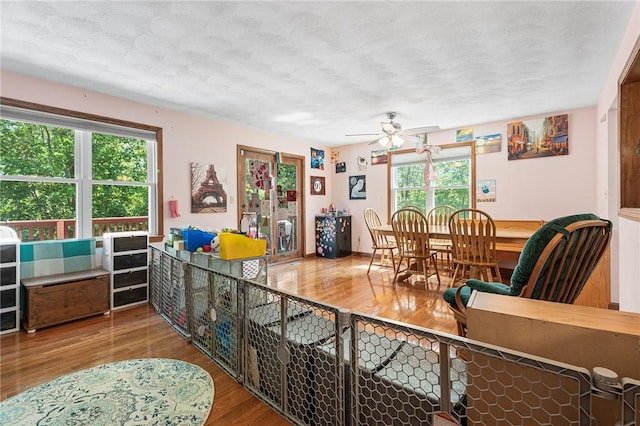 607 Brookhaven Ln, Woonsocket, RI 02895 - living area with plenty of natural light, a ceiling fan, wood finished floors, and a textured ceiling