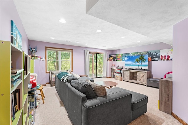 607 Brookhaven Ln, Woonsocket, RI 02895 - living area featuring light carpet, recessed lighting, and baseboards