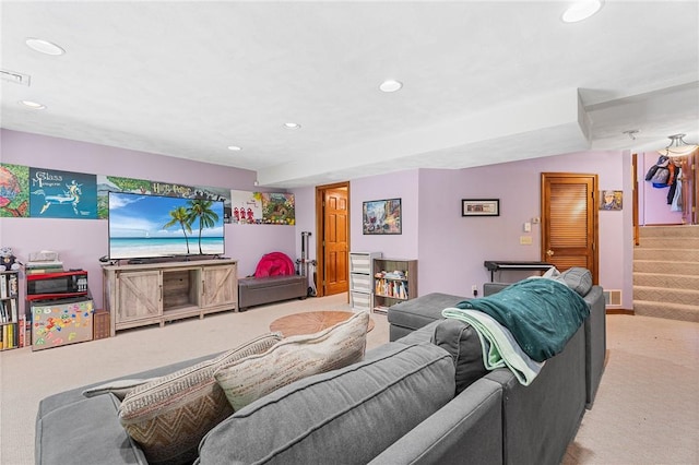 607 Brookhaven Ln, Woonsocket, RI 02895 - carpeted living area with recessed lighting and stairway