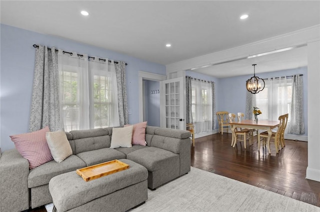261 Columbus Ave, Pawtucket, RI 02861 - living area with a chandelier, wood finished floors, baseboards, and recessed lighting