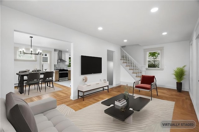 1314 Chalkstone Ave, Providence, RI 02908 - living room with a chandelier, stairway, recessed lighting, and baseboards
