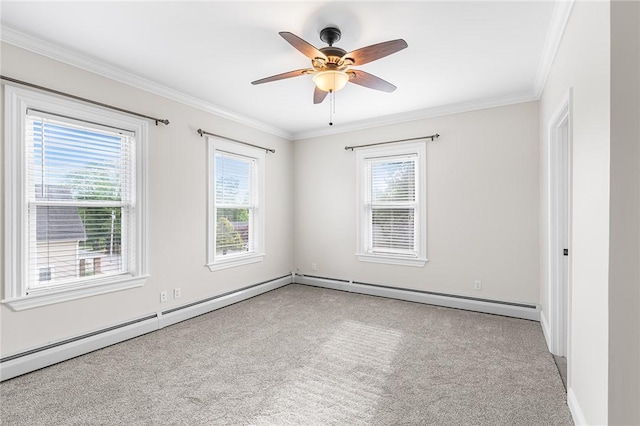 2 Francis St, Coventry, RI 02816 - carpeted spare room with ornamental molding, a ceiling fan, baseboards, and baseboard heating
