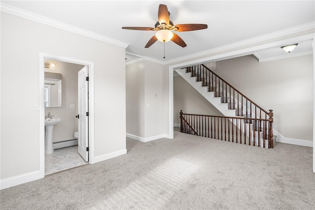 2 Francis St, Coventry, RI 02816 - unfurnished living room with carpet floors, crown molding, a ceiling fan, baseboards, and a baseboard radiator