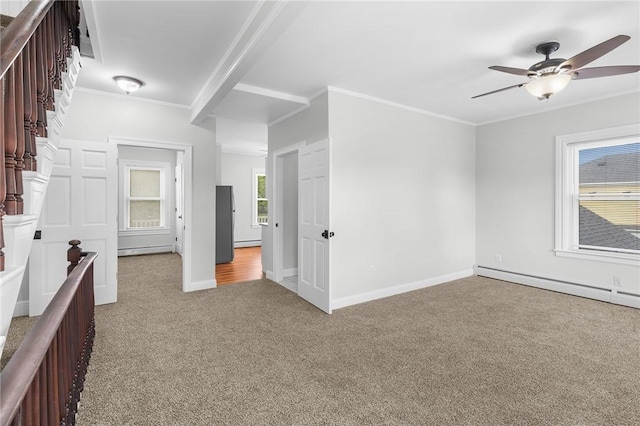 2 Francis St, Coventry, RI 02816 - carpeted spare room with crown molding, baseboard heating, a baseboard heating unit, a ceiling fan, and baseboards