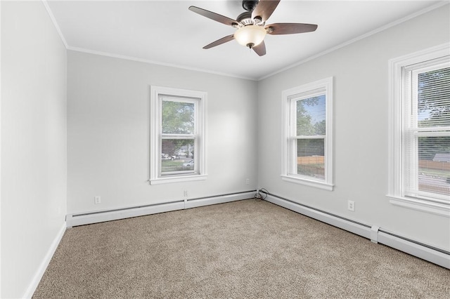 2 Francis St, Coventry, RI 02816 - carpeted spare room featuring ornamental molding, ceiling fan, baseboards, and a baseboard radiator