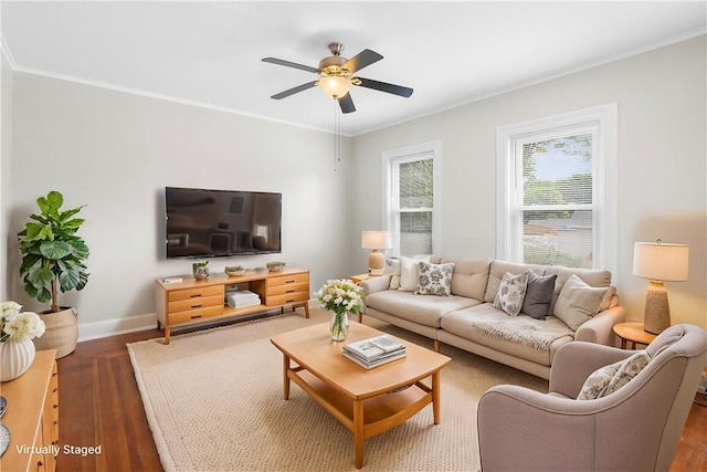 2 Francis St, Coventry, RI 02816 - living area featuring crown molding, dark wood finished floors, a ceiling fan, and baseboards