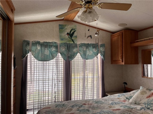 118 Dunns Corner Rd, Westerly, RI 02891 - bedroom featuring a textured ceiling, lofted ceiling, crown molding, and a ceiling fan
