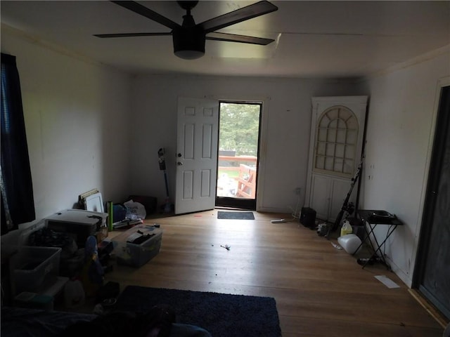 entrance foyer with ceiling fan and wood finished floors