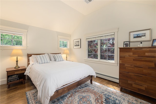 56 Summerfield Ln, Middletown, RI 02842 - bedroom featuring a baseboard radiator, lofted ceiling, wood finished floors, and multiple windows