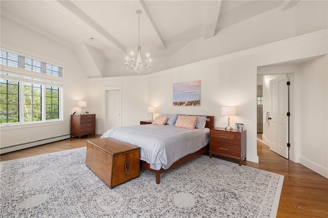 56 Summerfield Ln, Middletown, RI 02842 - bedroom featuring a baseboard radiator, a chandelier, beamed ceiling, wood finished floors, and baseboards