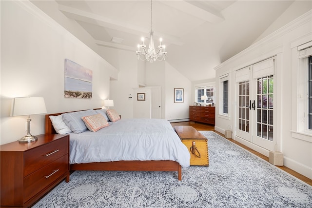 56 Summerfield Ln, Middletown, RI 02842 - bedroom with a chandelier, access to exterior, beamed ceiling, french doors, and a baseboard radiator