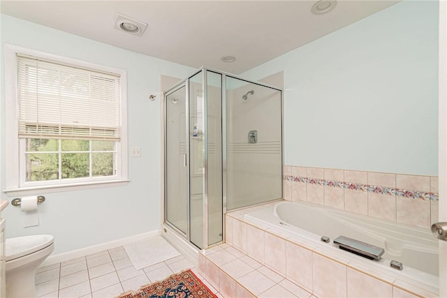 40 Haverhill Ave, North Kingstown, RI 02852 - full bath with a stall shower, tile patterned floors, a garden tub, toilet, and baseboards