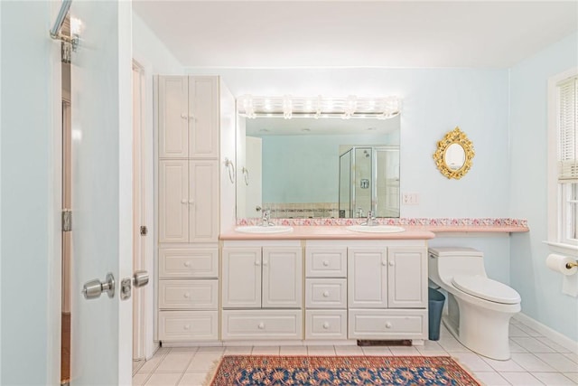 40 Haverhill Ave, North Kingstown, RI 02852 - bathroom featuring tile patterned flooring, a shower stall, toilet, and double vanity