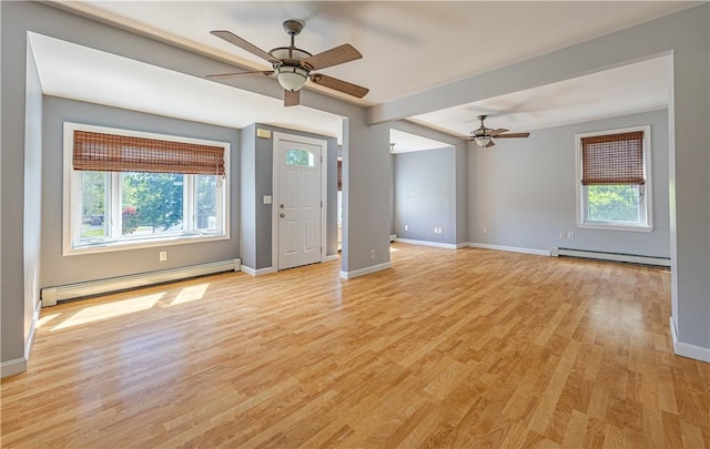99 Fairfield Ave, Woonsocket, RI 02895 - unfurnished living room with a baseboard radiator, a ceiling fan, and healthy amount of natural light