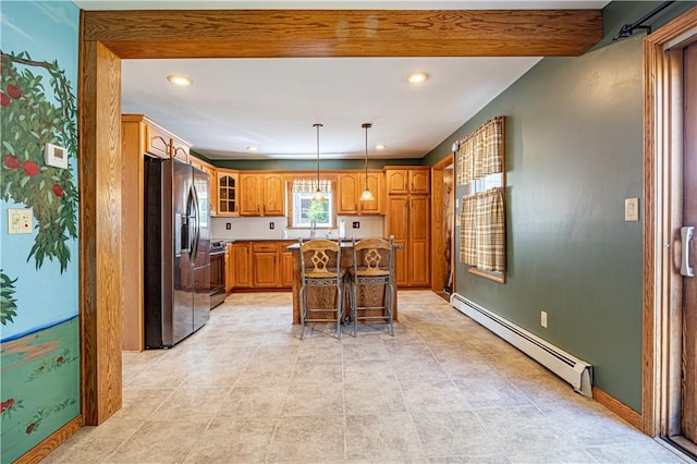 99 Fairfield Ave, Woonsocket, RI 02895 - kitchen featuring stainless steel fridge, a baseboard heating unit, brown cabinetry, black / electric stove, and glass insert cabinets