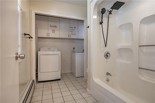 99 Fairfield Ave, Woonsocket, RI 02895 - full bath featuring a baseboard radiator, independent washer and dryer, tile patterned flooring, toilet, and bathing tub / shower combination