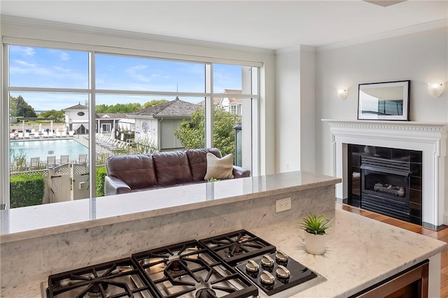 1 Tower Dr Unit 203, Portsmouth, RI 02871 - kitchen featuring stainless steel gas cooktop, crown molding, light stone counters, wood finished floors, and a fireplace with flush hearth