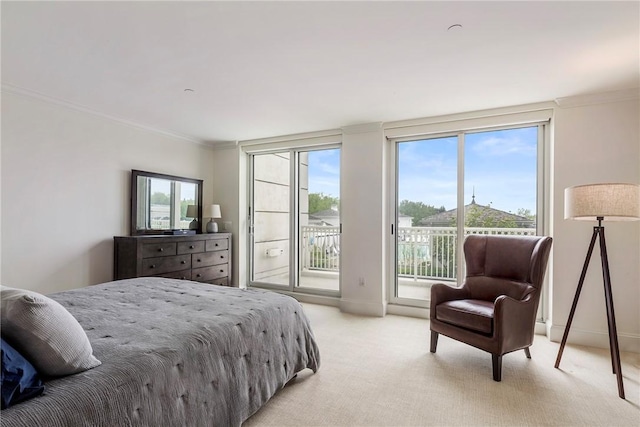 1 Tower Dr Unit 203, Portsmouth, RI 02871 - bedroom with access to outside, ornamental molding, light carpet, and baseboards