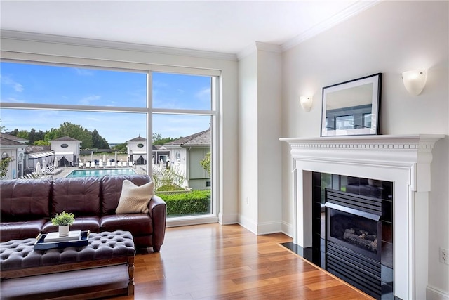 1 Tower Dr Unit 203, Portsmouth, RI 02871 - living room featuring light wood-style floors, ornamental molding, a tiled fireplace, and baseboards