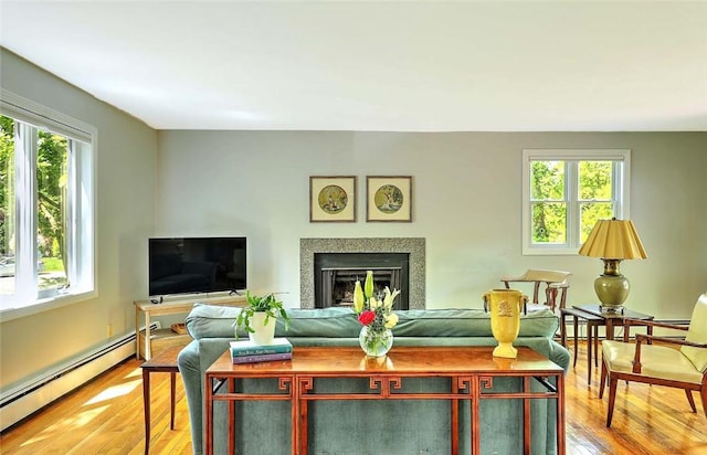 9 Misty River Ter, Narragansett, RI 02874 - living room featuring a baseboard heating unit, light wood finished floors, a fireplace, and a baseboard radiator