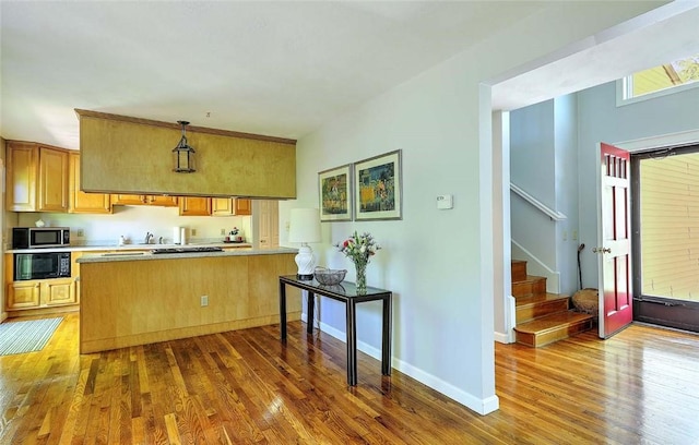 9 Misty River Ter, Narragansett, RI 02874 - kitchen with black appliances, a peninsula, wood finished floors, light countertops, and baseboards