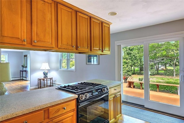 9 Misty River Ter, Narragansett, RI 02874 - kitchen featuring black range with gas stovetop, brown cabinetry, light countertops, and healthy amount of natural light