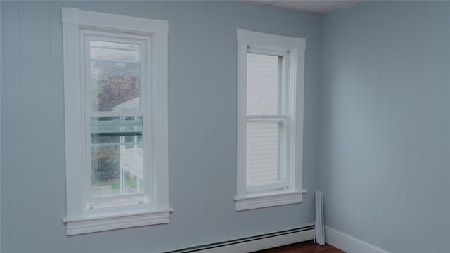 45 Ross St, Woonsocket, RI 02895 - spare room with baseboards, dark wood-type flooring, and a baseboard radiator