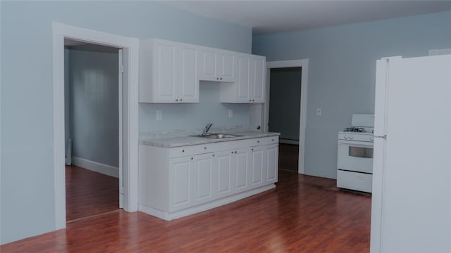 45 Ross St, Woonsocket, RI 02895 - kitchen with white appliances, a sink, white cabinetry, light countertops, and dark wood finished floors