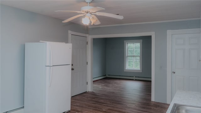 45 Ross St, Woonsocket, RI 02895 - kitchen featuring freestanding refrigerator, wood finished floors, a ceiling fan, a baseboard heating unit, and crown molding
