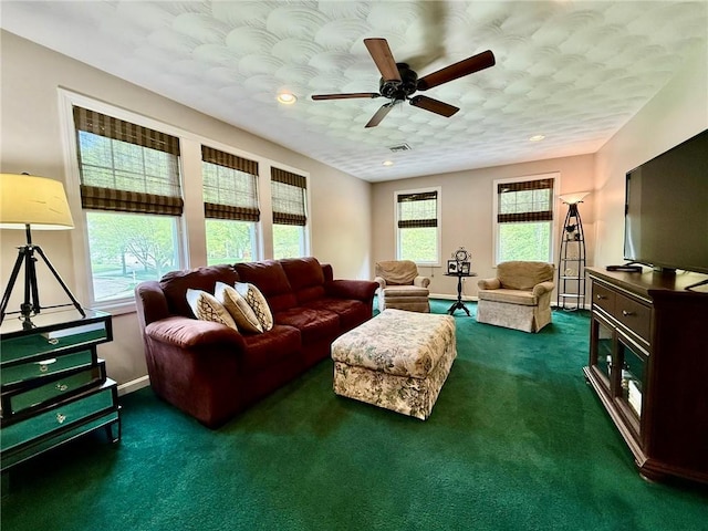 36 Jasmine Cir, North Kingstown, RI 02874 - living room featuring dark colored carpet, ceiling fan, baseboards, and recessed lighting