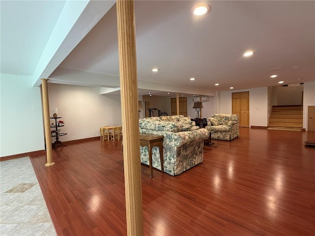 36 Jasmine Cir, North Kingstown, RI 02874 - living area with wood finished floors, stairs, recessed lighting, baseboards, and ornate columns