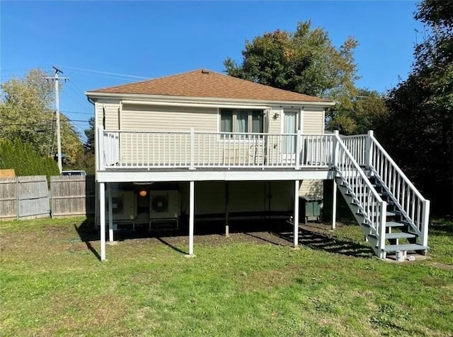 132 Maple Ave, Middletown, RI 02842 - rear view of house with stairway, a wooden deck, and a shingled roof
