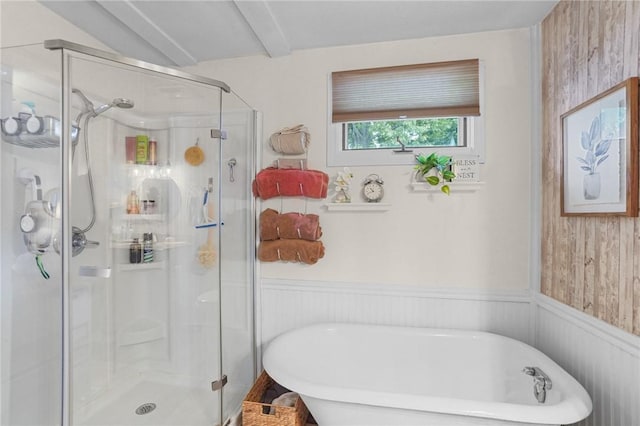 52 Eddy St, North Providence, RI 02911 - bathroom with a stall shower, a soaking tub, and a wainscoted wall