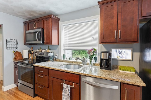 27 Aberdeen St, West Warwick, RI 02893 - kitchen with appliances with stainless steel finishes, a sink, light wood-style floors, light stone countertops, and baseboards