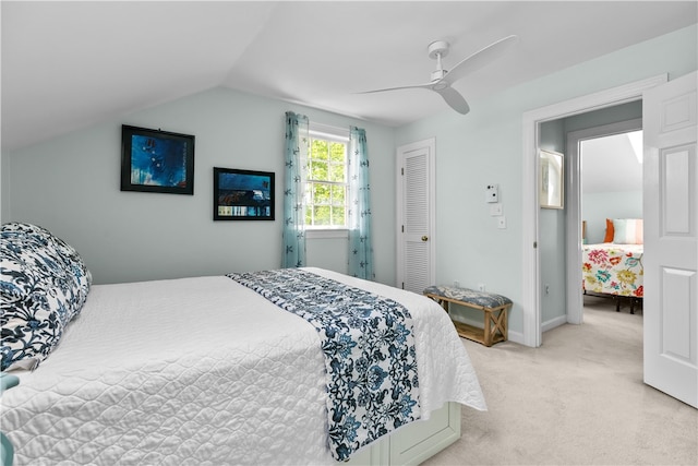 97 Narragansett Ave Unit C4, Newport, RI 02840 - bedroom featuring light colored carpet, lofted ceiling, ceiling fan, a closet, and baseboards