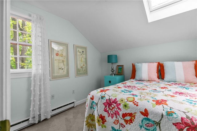 97 Narragansett Ave Unit C4, Newport, RI 02840 - bedroom featuring carpet flooring, a skylight, vaulted ceiling, a baseboard radiator, and baseboards