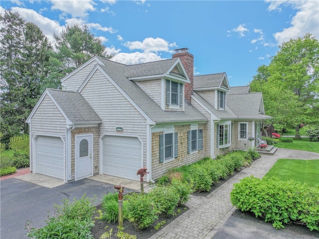10 Bartlett Rd, Middletown, RI 02842 - view of front facade with an attached garage, roof with shingles, asphalt driveway, and a chimney