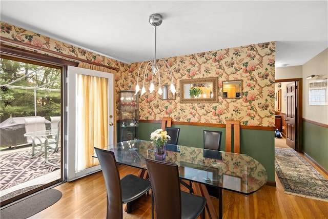 10 Bartlett Rd, Middletown, RI 02842 - dining room featuring wallpapered walls, wood finished floors, a chandelier, and wainscoting
