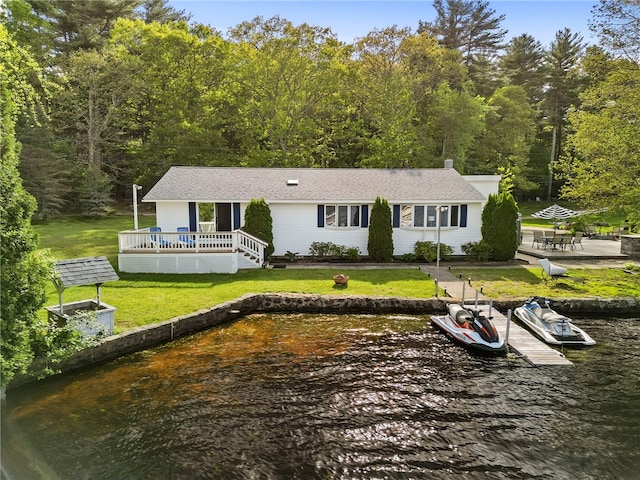 250 Shippee Plat Rd, Coventry, RI 02816 - back of house featuring a lawn, a deck with water view, a patio, and a view of trees