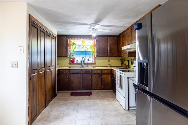 71 Julian St, Pawtucket, RI 02861 - kitchen featuring stainless steel fridge with ice dispenser, a sink, light countertops, white range with electric stovetop, and ceiling fan