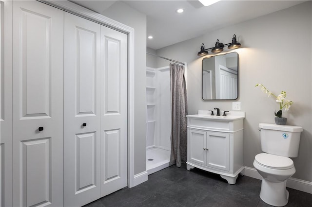 99 Scranton Ave, Warwick, RI 02888 - full bathroom with toilet, vanity, curtained shower, baseboards, and a closet
