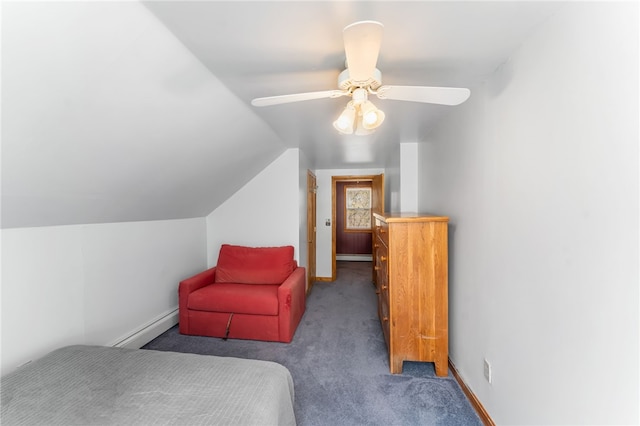 34 Bates Ave, Coventry, RI 02816 - carpeted bedroom featuring a baseboard heating unit, lofted ceiling, baseboards, and a ceiling fan