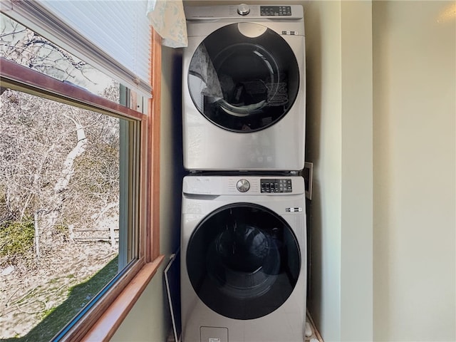 34 Bates Ave, Coventry, RI 02816 - washroom with stacked washer / drying machine