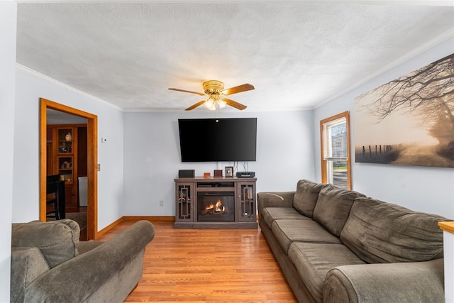 34 Bates Ave, Coventry, RI 02816 - living area with ceiling fan, light wood-type flooring, ornamental molding, a lit fireplace, and baseboards