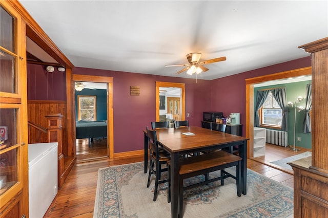 34 Bates Ave, Coventry, RI 02816 - dining space featuring light wood-style flooring, a ceiling fan, radiator, and baseboards